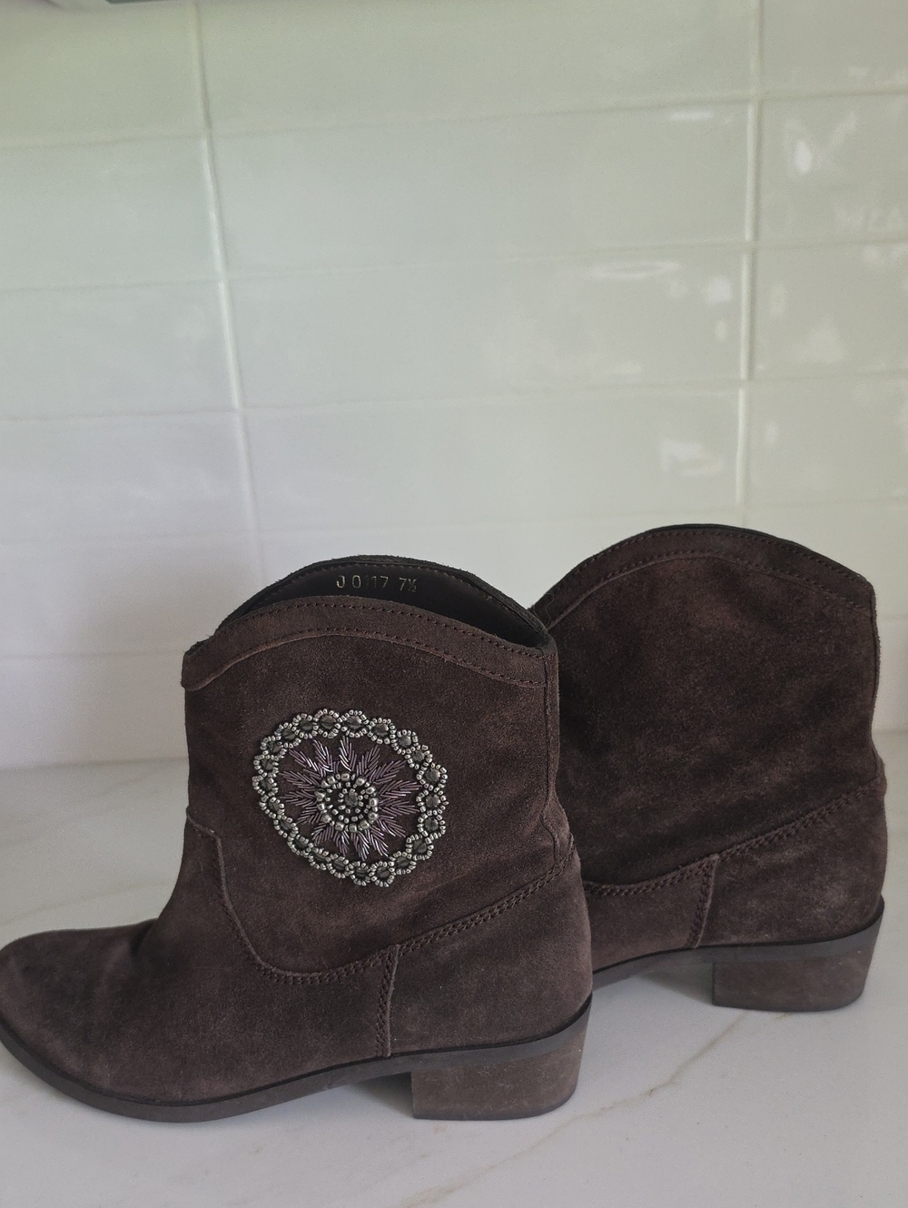 J. Reneé Brown Suede Beaded Floral Ankle Boots - Size 7.5